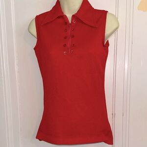 Vintage 60s/70s Shannon Scott‎ Red Ribbed Polyester Knit Collared Sleeveless Top